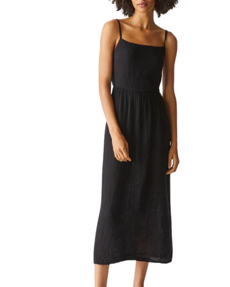Front of a model wearing a size L Allora Gauze Dress in Black in Black by Michael Stars. | dia_product_style_image_id:363223
